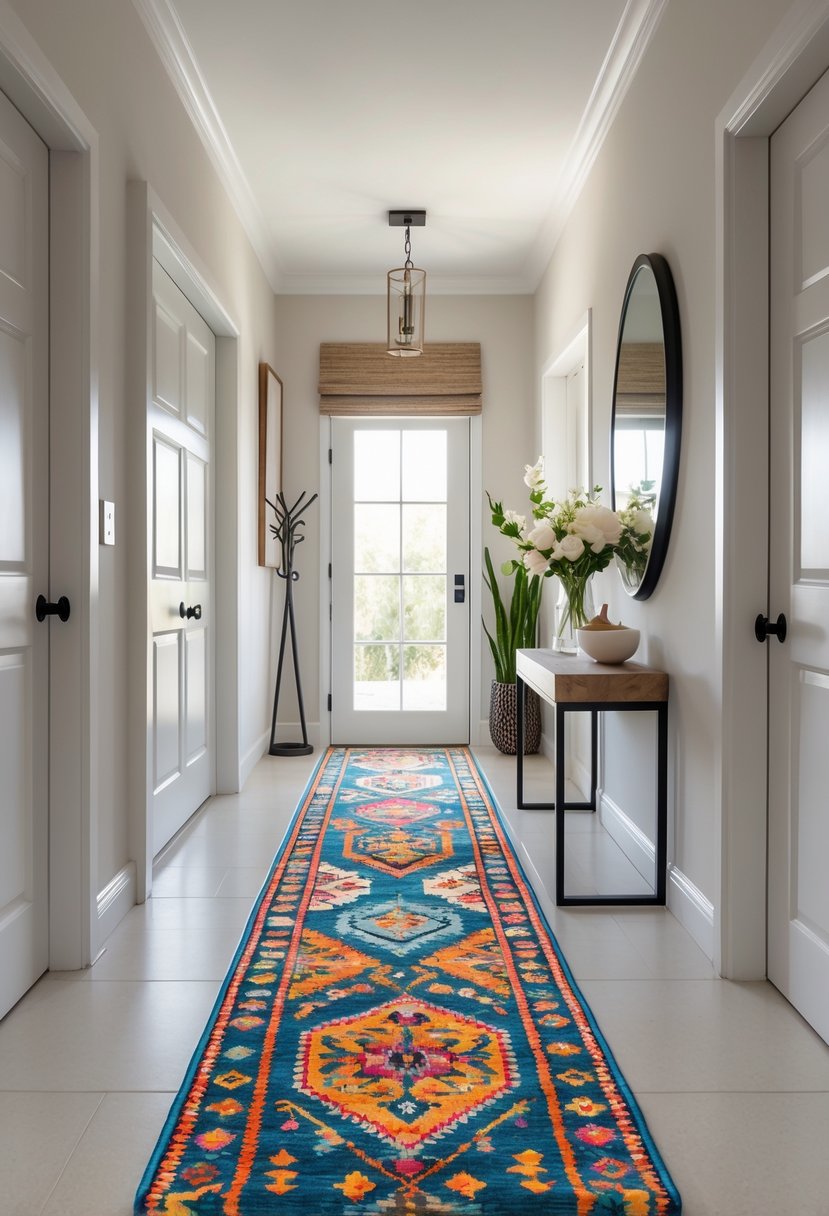 Entryway Makeover Ideas 2026: 22 Stylish Ways To Refresh Your Home’s First Impression 12 A narrow entryway with a colorful runner rug, natural light, and simple decor including a small table with flowers and a mirror.