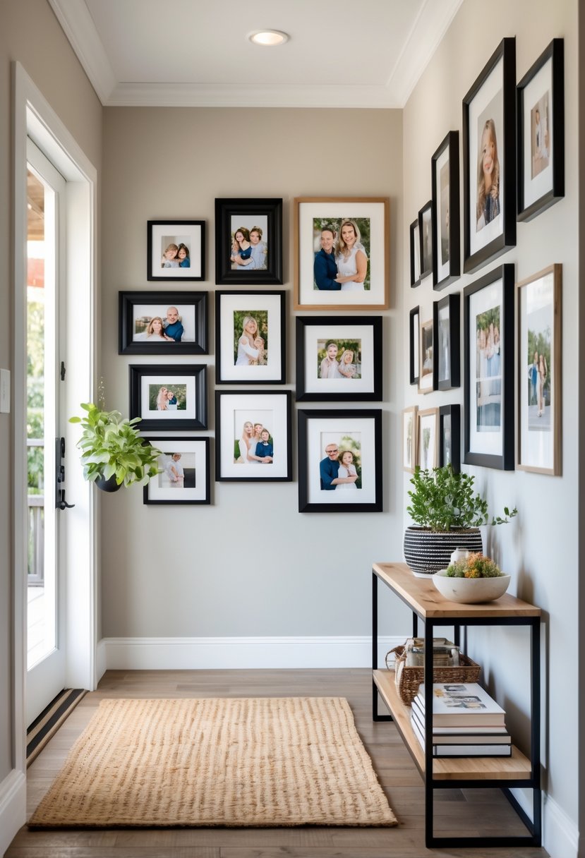 Entryway Makeover Ideas 2026: 22 Stylish Ways To Refresh Your Home’s First Impression 13 Entryway with a gallery wall of framed family photos above a console table with decorative items.