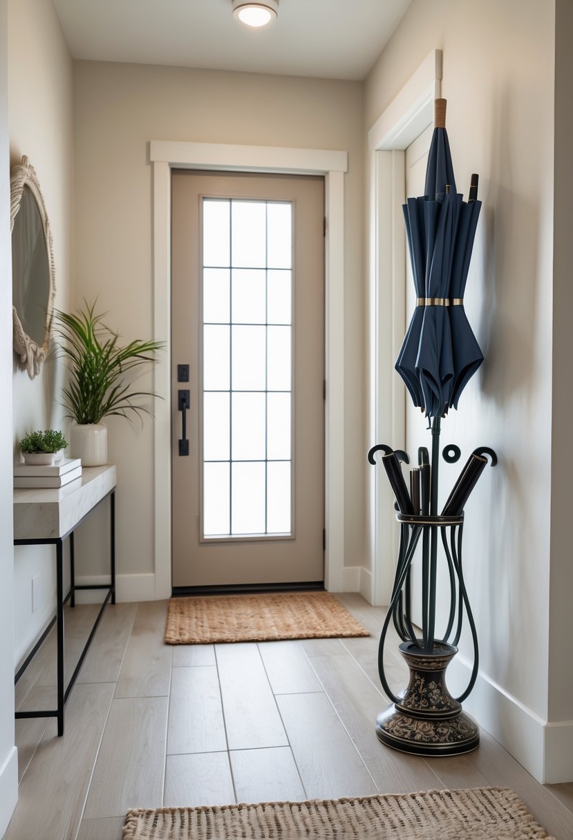 Entryway Makeover Ideas 2026: 22 Stylish Ways To Refresh Your Home’s First Impression 14 Entryway with a decorative umbrella stand next to the front door, a console table, and a small rug on the floor.