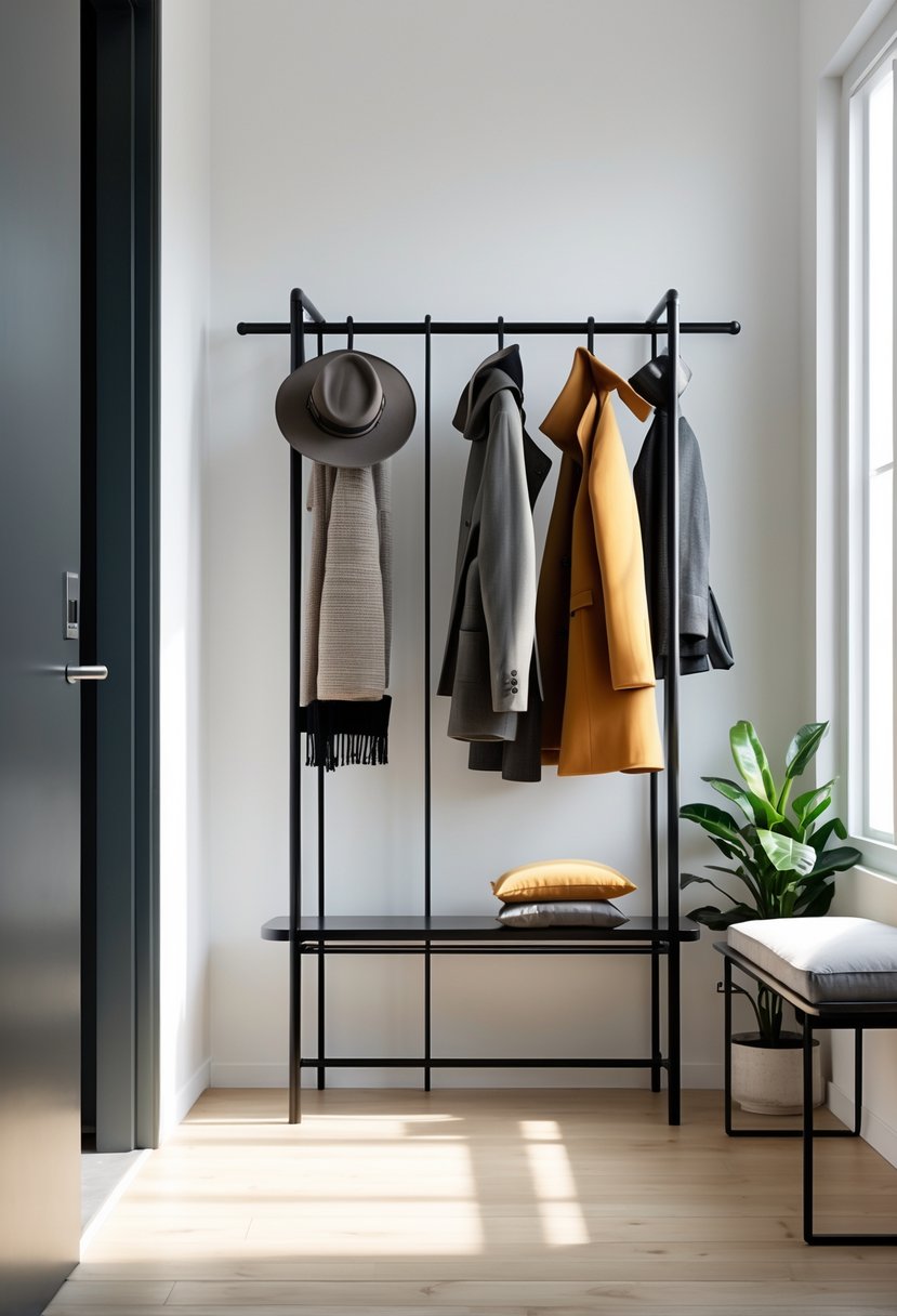 Entryway Makeover Ideas 2026: 22 Stylish Ways To Refresh Your Home’s First Impression 15 An entryway with a coat rack holding coats, hats, and scarves, a bench with cushions, and a potted plant near a window.
