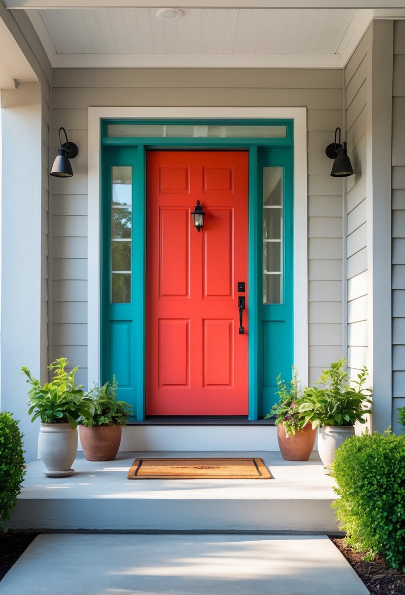 Entryway Makeover Ideas 2026: 22 Stylish Ways To Refresh Your Home’s First Impression 16 A front entryway with a brightly colored door, potted plants, and a welcome mat.