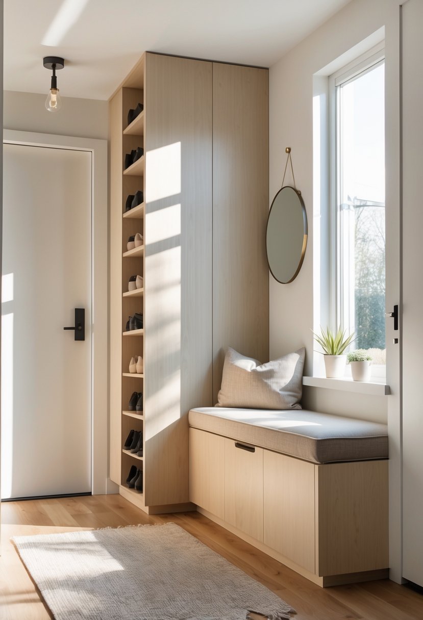 Entryway Makeover Ideas 2026: 22 Stylish Ways To Refresh Your Home’s First Impression 17 An entryway with a narrow shoe cabinet topped by a cushioned seat, a round mirror above, a small plant on the cabinet, and natural light coming through a nearby window.