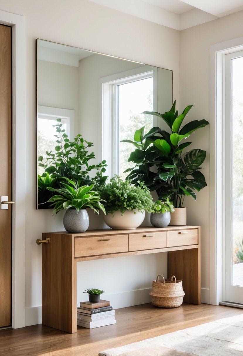 Entryway Makeover Ideas 2026: 22 Stylish Ways To Refresh Your Home’s First Impression 18 A modern entryway with a small indoor plant arrangement on a wooden console table, natural light, and minimalist decor.