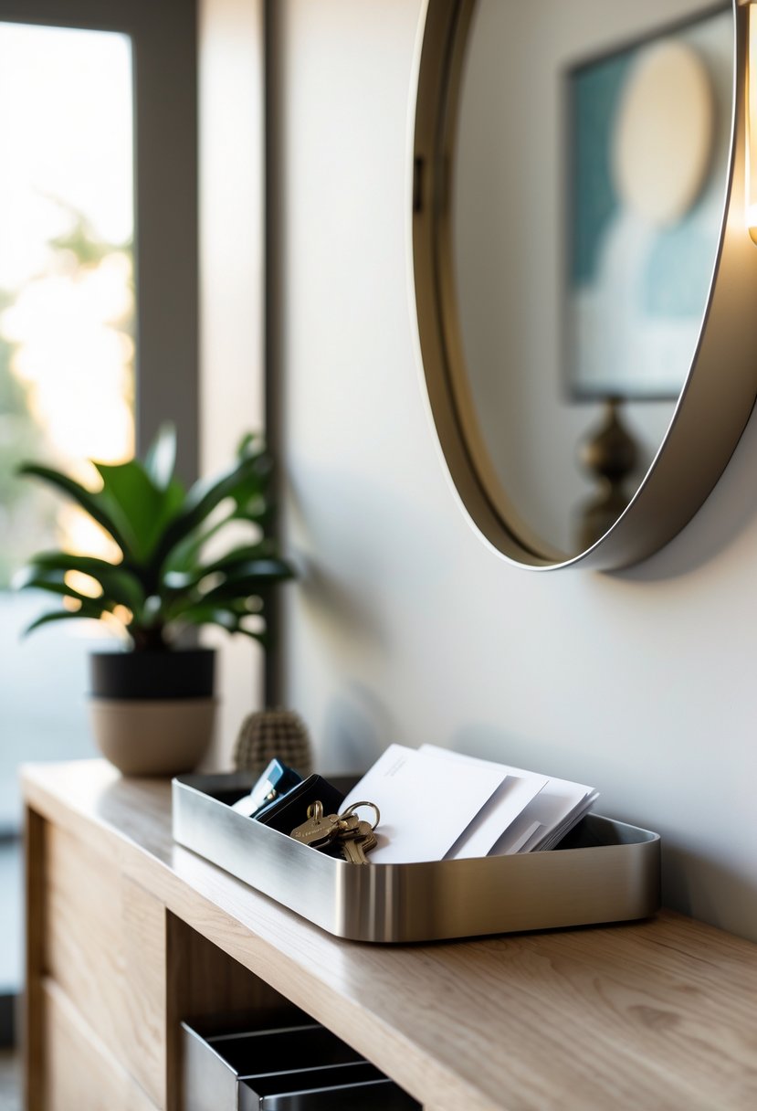 Entryway Makeover Ideas 2026: 22 Stylish Ways To Refresh Your Home’s First Impression 20 An entryway with a wooden table holding a metal tray containing keys and mail, with a plant and wall decoration in the background.