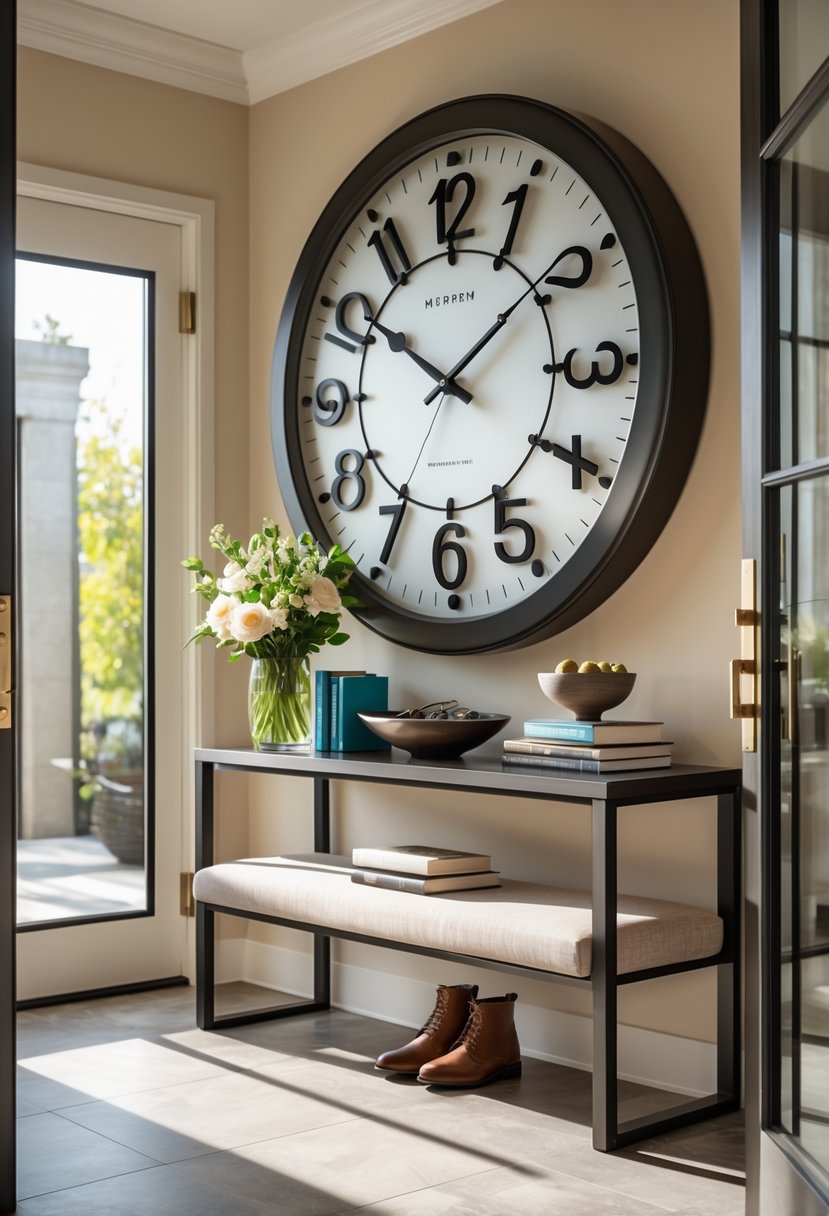 Entryway Makeover Ideas 2026: 22 Stylish Ways To Refresh Your Home’s First Impression 21 An entryway with a large decorative wall clock above a console table holding a vase of flowers and a decorative bowl, with a bench and shoes below.