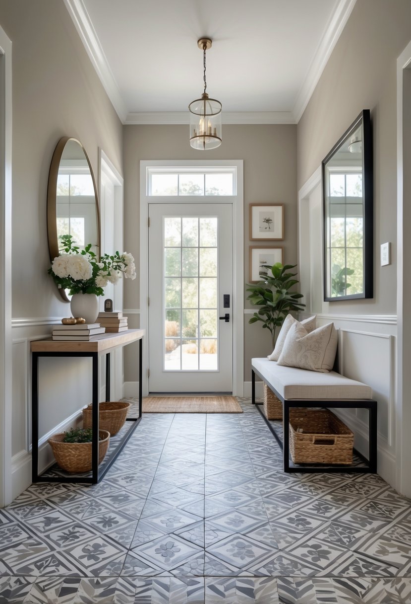 Entryway Makeover Ideas 2026: 22 Stylish Ways To Refresh Your Home’s First Impression 22 An entryway with patterned tile flooring, a bench with cushions, a console table with decorative items, and framed artworks on the walls.