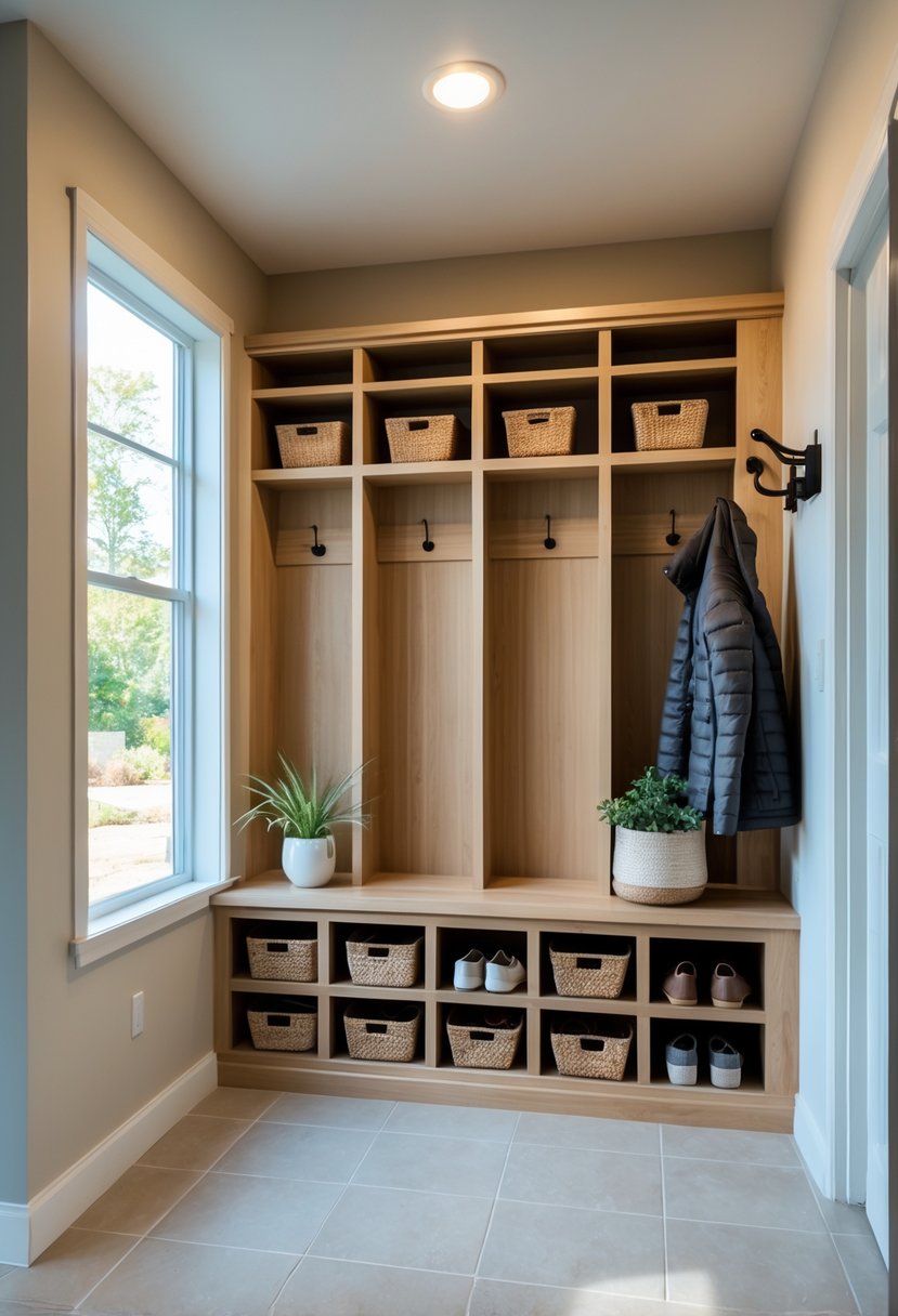 Entryway Makeover Ideas 2026: 22 Stylish Ways To Refresh Your Home’s First Impression 23 Entryway with a built-in wooden bench featuring storage cubbies filled with shoes and baskets, a coat rack with jackets, and a potted plant.