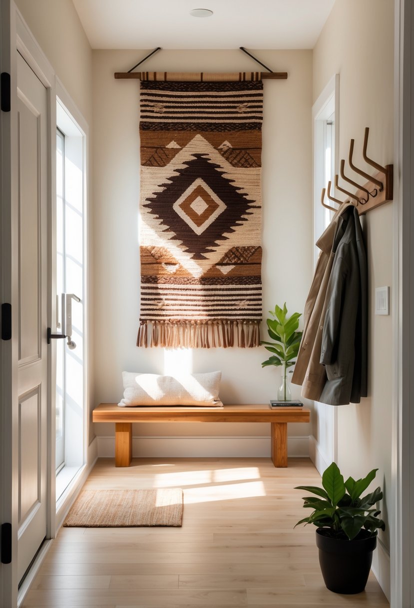Entryway Makeover Ideas 2026: 22 Stylish Ways To Refresh Your Home’s First Impression 24 An entryway with a woven wall hanging, a wooden bench with cushion, a coat rack, and a potted plant.