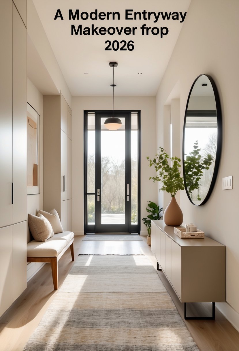 Entryway Makeover Ideas 2026: 22 Stylish Ways To Refresh Your Home’s First Impression 25 A bright and welcoming entryway with a wooden bench, console table with a vase of greenery, a round mirror, built-in storage cabinets, and a pendant light fixture.