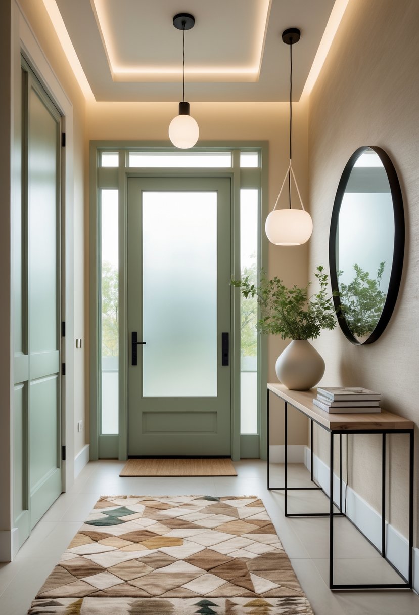 Entryway Makeover Ideas 2026: 22 Stylish Ways To Refresh Your Home’s First Impression 26 A modern entryway with a green front door, beige walls, a console table with a vase of greenery, a round mirror, and warm lighting.