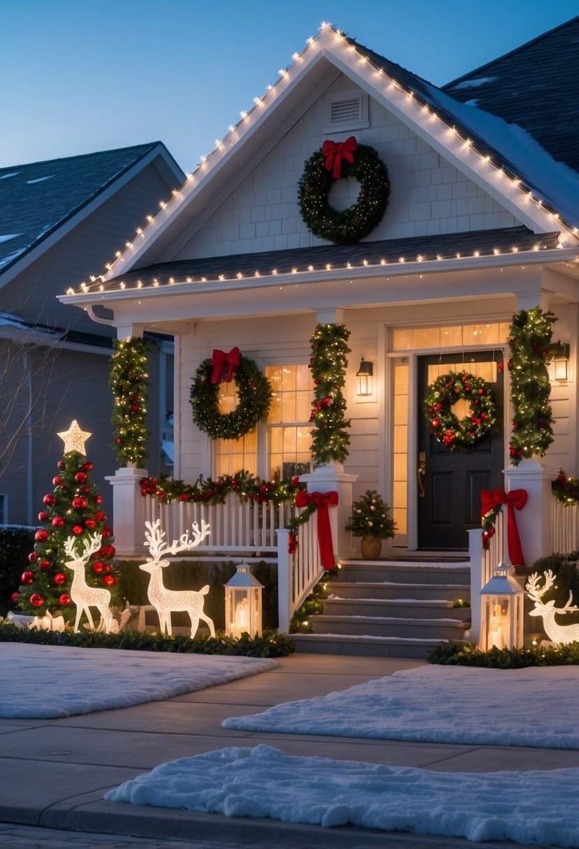 Christmas House Decor 2025: 22 Stylish Ideas for a Festive Home 2 A house decorated with Christmas lights, wreaths, garlands, and a large outdoor Christmas tree with snow on the ground at dusk.