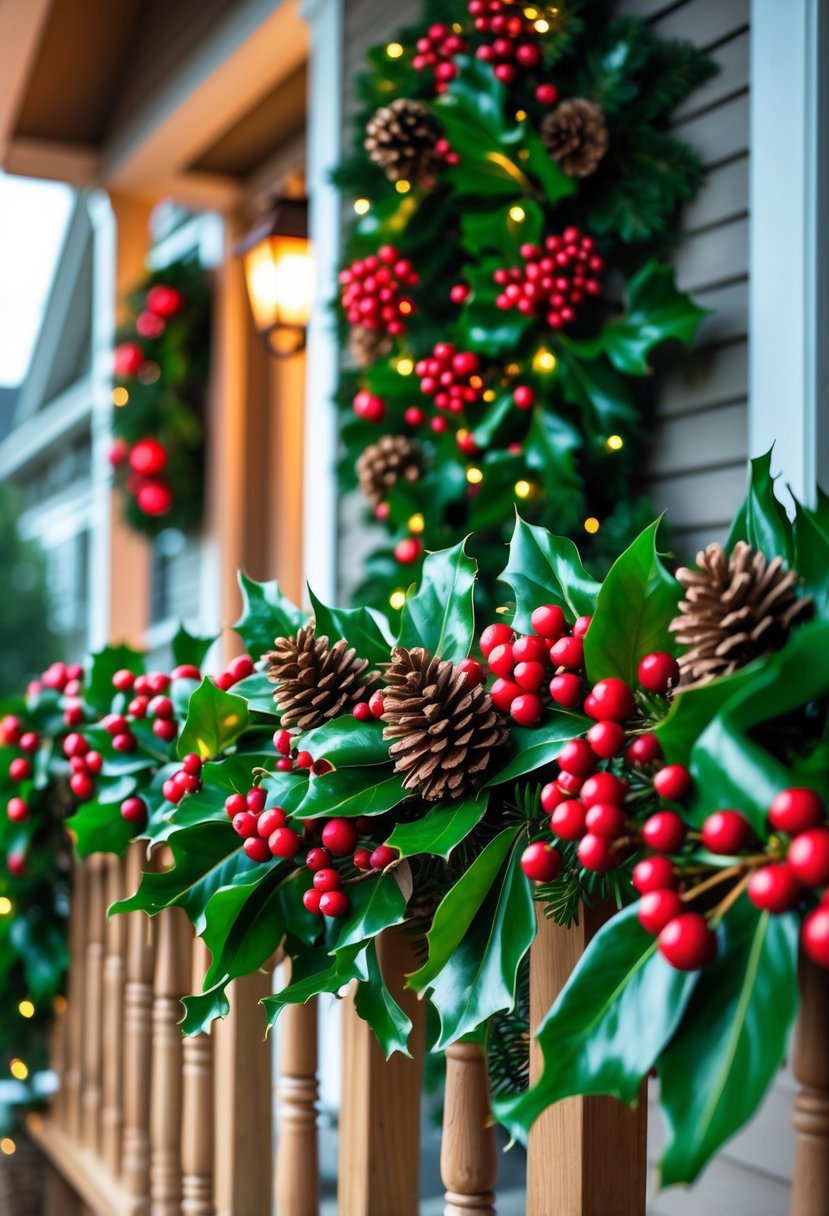 Christmas House Decor 2025: 22 Stylish Ideas for a Festive Home 3 A Christmas house porch decorated with a red and green garland featuring pinecones and berries.
