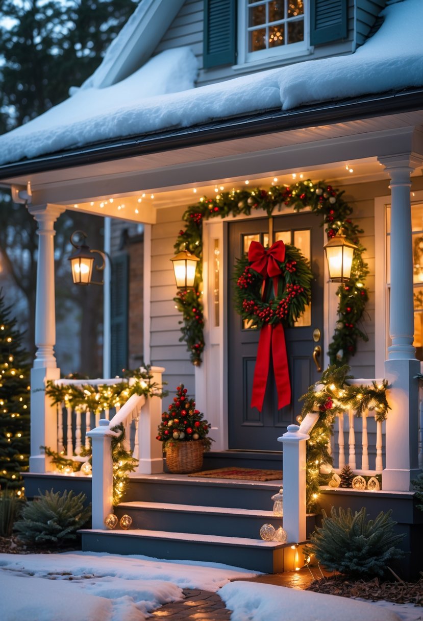 Christmas House Decor 2025: 22 Stylish Ideas for a Festive Home 4 A house front porch decorated with Christmas ornaments, pine garlands, string lights, and a wreath, with snow on the ground and roof.