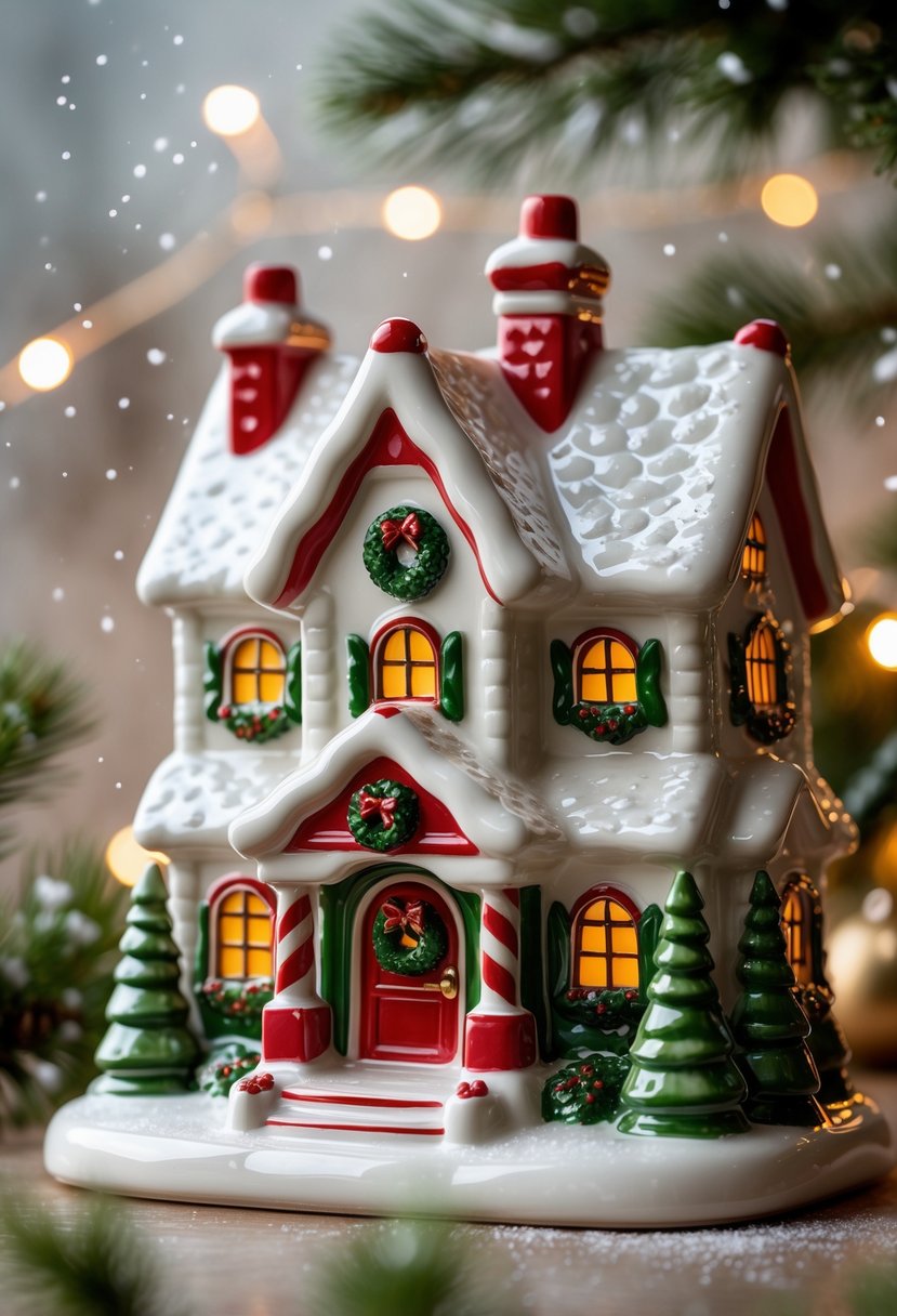 Christmas House Decor 2025: 22 Stylish Ideas for a Festive Home 6 A hand-painted ceramic Christmas village house decorated with snow and holiday wreaths.
