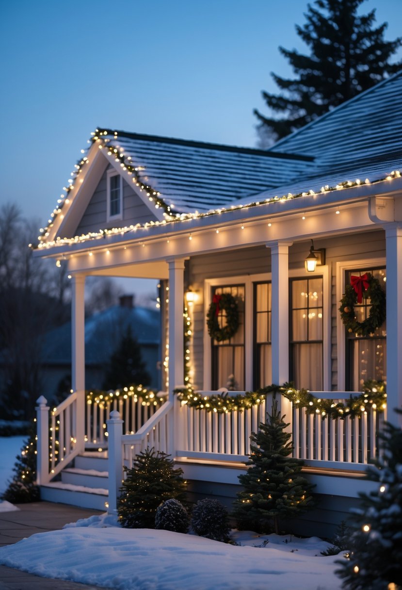 Christmas House Decor 2025: 22 Stylish Ideas for a Festive Home 7 A house decorated with warm white LED string lights glowing softly along the roof and porch during a snowy winter evening.