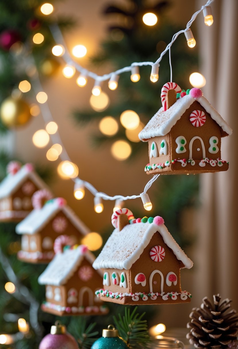 Christmas House Decor 2025: 22 Stylish Ideas for a Festive Home 8 A string of small decorated gingerbread houses hanging as Christmas decoration with warm festive lights in the background.