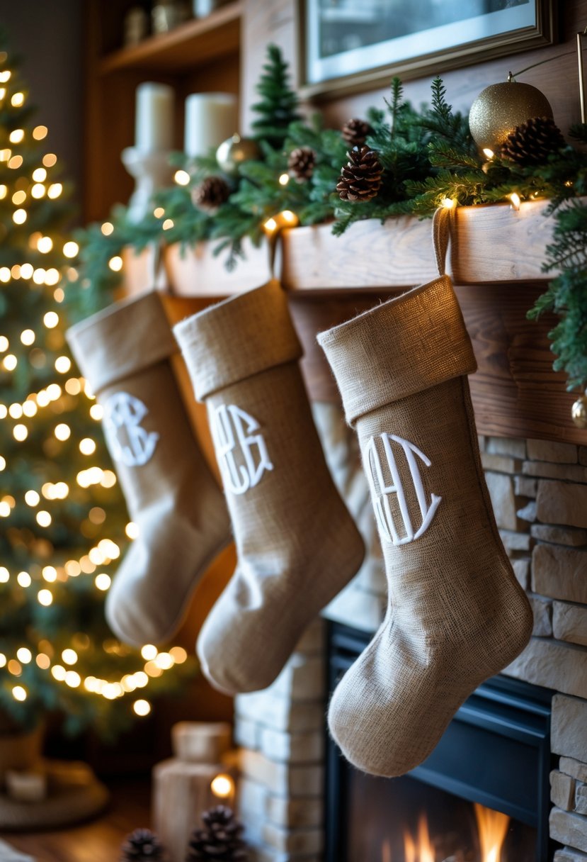 Christmas House Decor 2025: 22 Stylish Ideas for a Festive Home 10 A living room decorated for Christmas with burlap stockings hanging on a mantel and a decorated Christmas tree in the background.