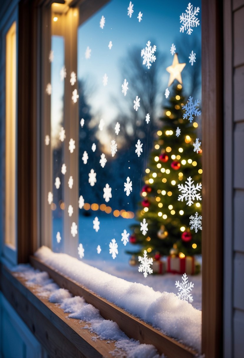 Christmas House Decor 2025: 22 Stylish Ideas for a Festive Home 11 A house window decorated with artificial snow spray and Christmas decorations glowing warmly from inside during winter.