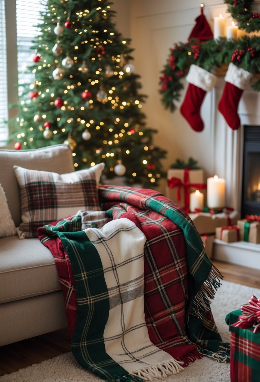 Christmas House Decor 2025: 22 Stylish Ideas for a Festive Home 12 Plaid throw blankets in red, green, and white draped over furniture in a living room decorated for Christmas with a tree, presents, and holiday decorations.