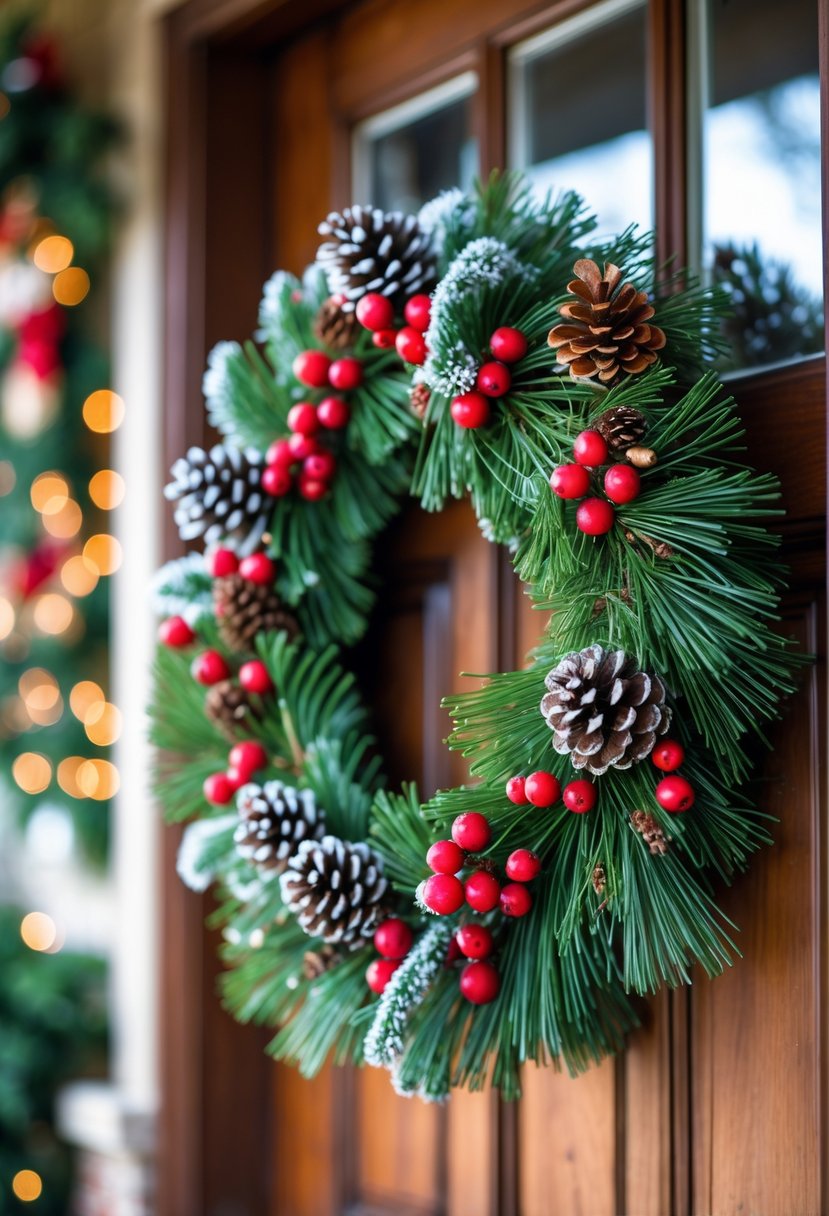 Christmas House Decor 2025: 22 Stylish Ideas for a Festive Home 13 A natural pine wreath with red berries hanging on a wooden front door of a house decorated for Christmas.