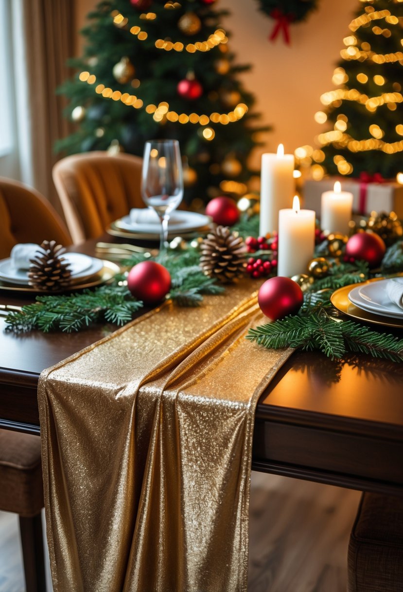 Christmas House Decor 2025: 22 Stylish Ideas for a Festive Home 14 A dining table decorated for Christmas with a metallic gold table runner, pine cones, ornaments, candles, and a Christmas tree in the background.