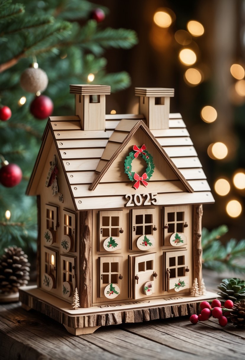 Christmas House Decor 2025: 22 Stylish Ideas for a Festive Home 15 A handcrafted wooden Advent calendar shaped like a Christmas house with small numbered doors and festive decorations on a wooden table surrounded by pine branches and pinecones.