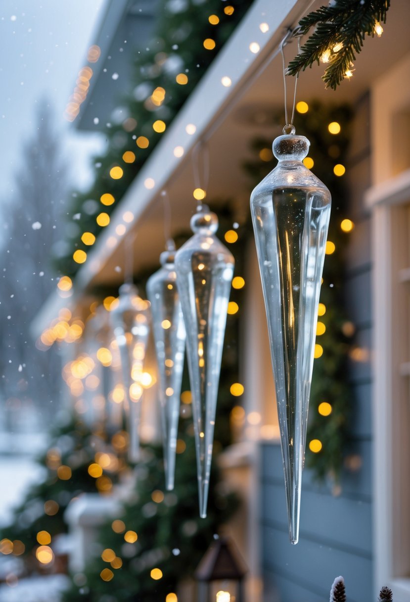 Christmas House Decor 2025: 22 Stylish Ideas for a Festive Home 16 Glass icicle ornaments hanging on a decorated house exterior with Christmas lights and snowy surroundings.