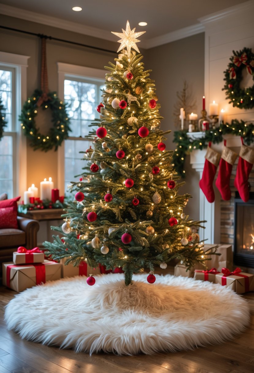 Christmas House Decor 2025: 22 Stylish Ideas for a Festive Home 17 A Christmas tree with a white faux fur tree skirt at its base surrounded by wrapped presents in a decorated living room.
