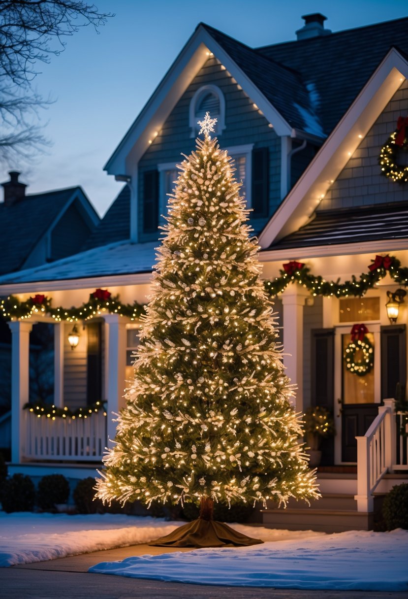 Christmas House Decor 2025: 22 Stylish Ideas for a Festive Home 18 A Christmas tree with white LED lights outside a decorated house at night during winter.