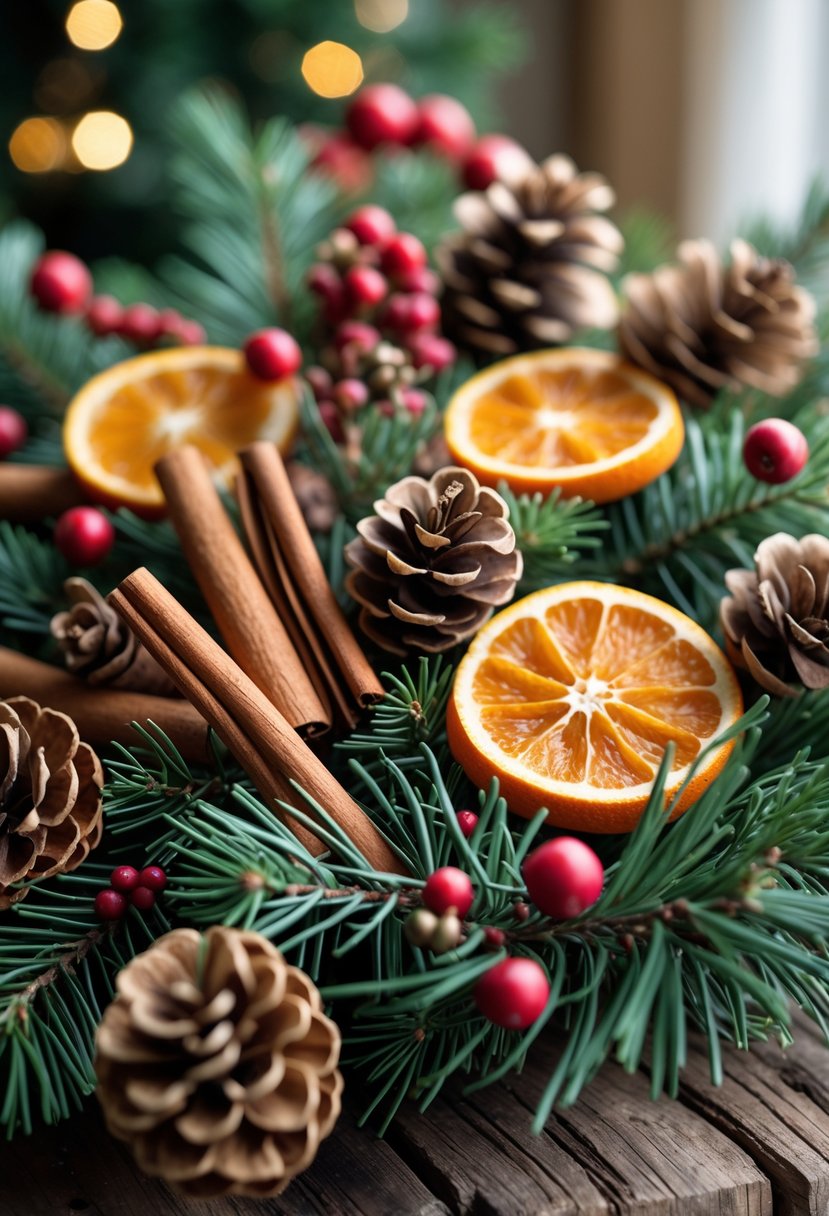 Christmas House Decor 2025: 22 Stylish Ideas for a Festive Home 19 Close-up of cinnamon sticks and dried orange slices arranged with pine cones and evergreen branches as Christmas house decor.