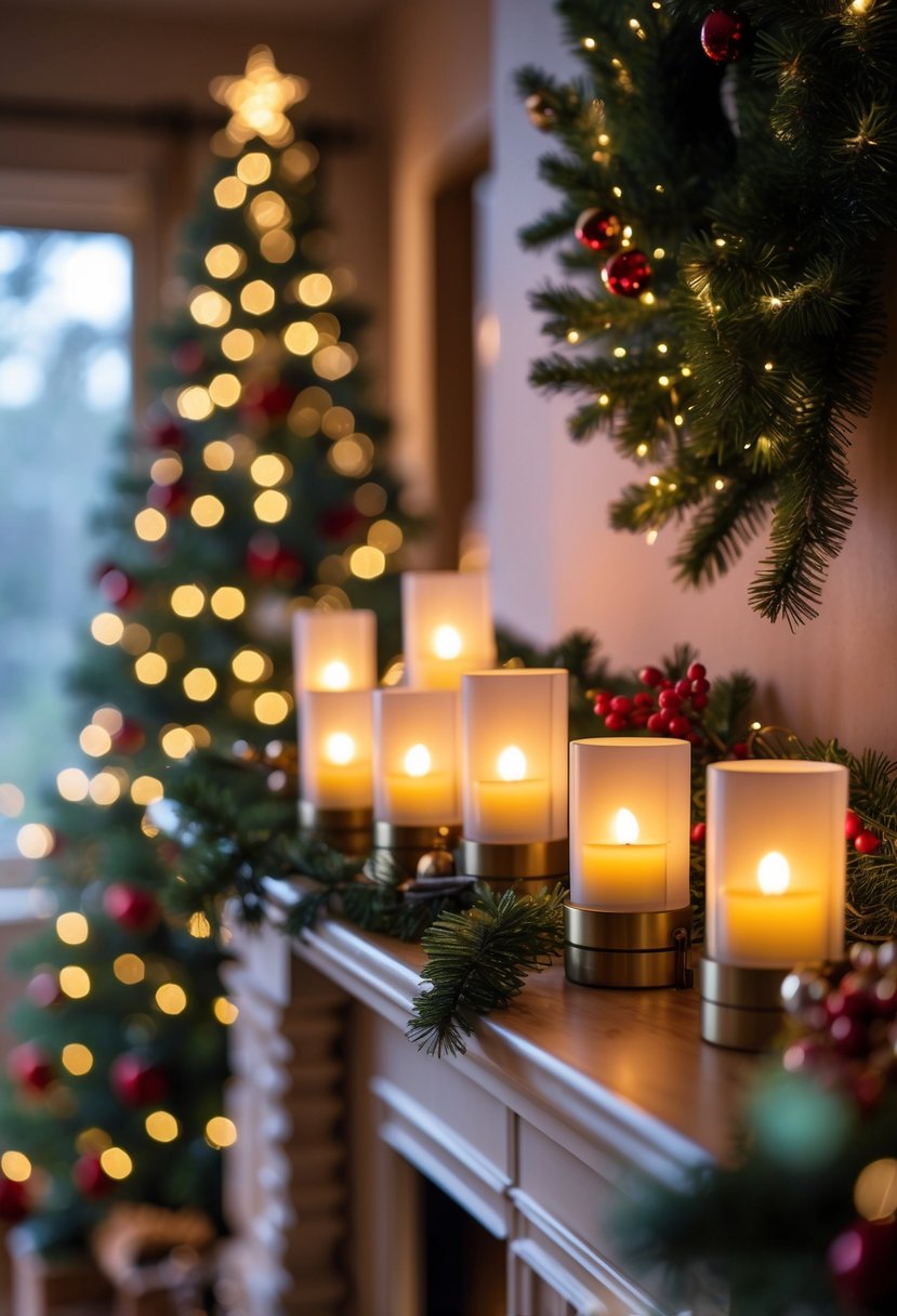 Christmas House Decor 2025: 22 Stylish Ideas for a Festive Home 20 LED candle lanterns glowing on a fireplace mantle decorated with Christmas greenery and ornaments, with a decorated Christmas tree in the background.
