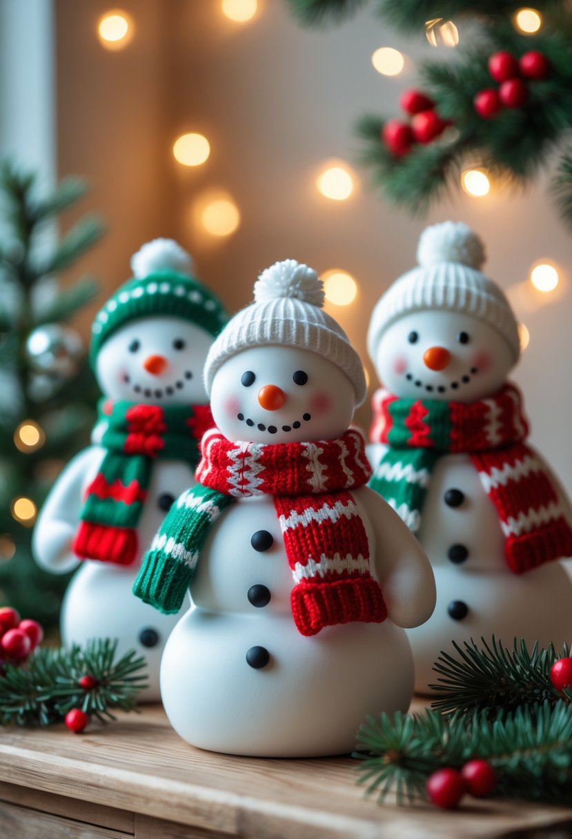 Christmas House Decor 2025: 22 Stylish Ideas for a Festive Home 21 Snowman figurines wearing knitted scarves displayed with pine branches and soft glowing lights as Christmas decorations indoors.