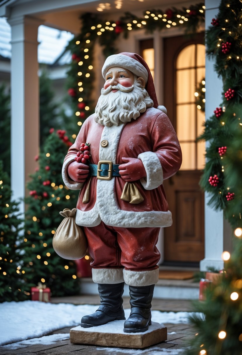 Christmas House Decor 2025: 22 Stylish Ideas for a Festive Home 22 Santa Claus statue standing outside a house decorated for Christmas with lights and greenery.