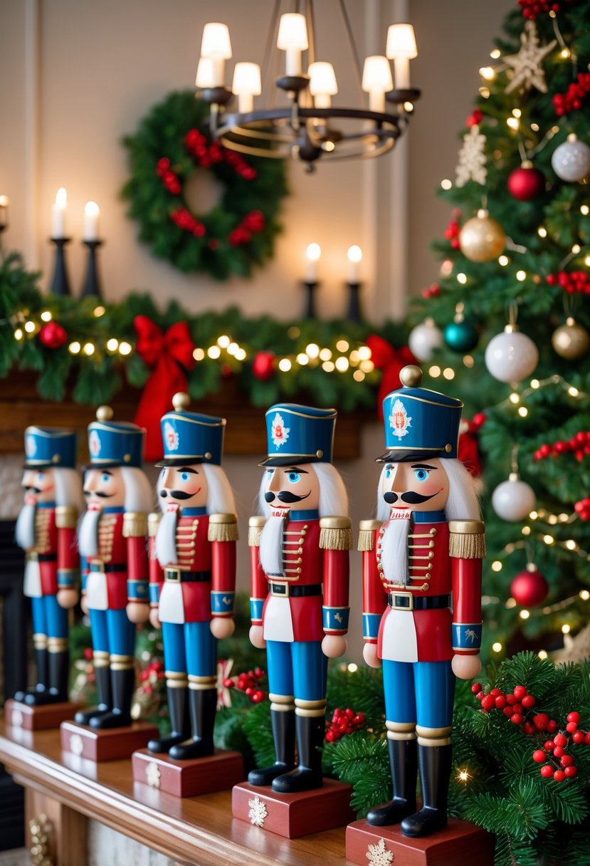 Christmas House Decor 2025: 22 Stylish Ideas for a Festive Home 24 A cozy living room decorated for Christmas with classic Nutcracker soldier figurines on a mantelpiece above a fireplace, surrounded by garlands and a decorated Christmas tree in the background.