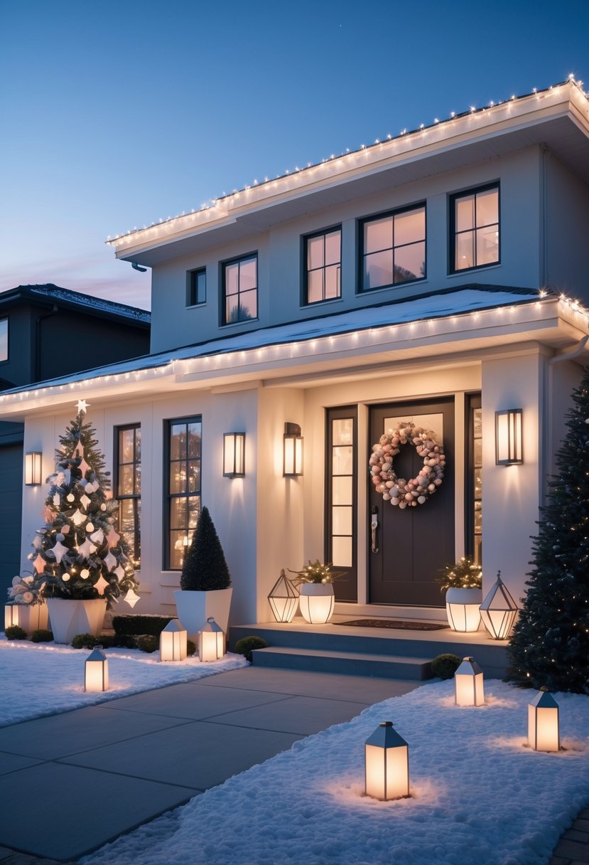 Christmas House Decor 2025: 22 Stylish Ideas for a Festive Home 25 A modern house decorated for Christmas with lights, a wreath on the door, a Christmas tree visible through the window, and snow on the ground.