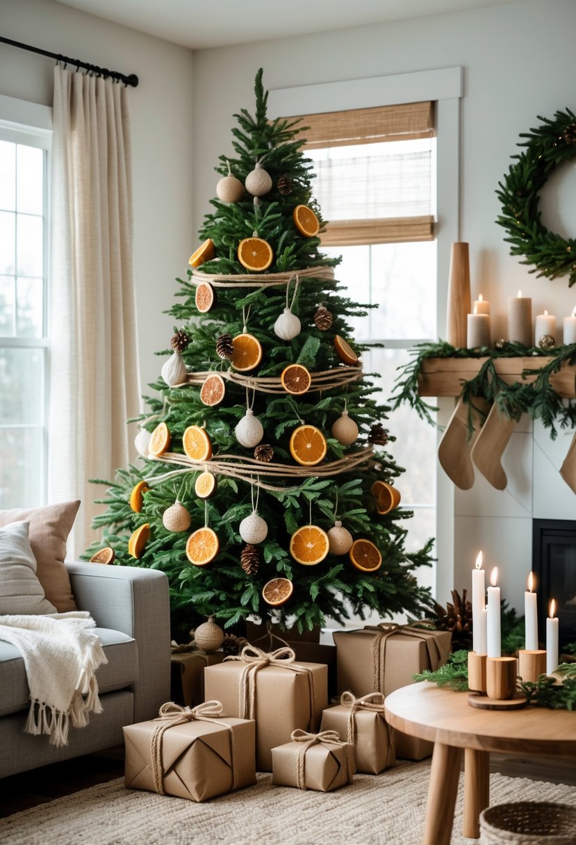 Christmas House Decor 2025: 22 Stylish Ideas for a Festive Home 26 A cozy living room decorated for Christmas with a tree featuring handmade ornaments, natural greenery, and wrapped gifts using brown paper and twine.