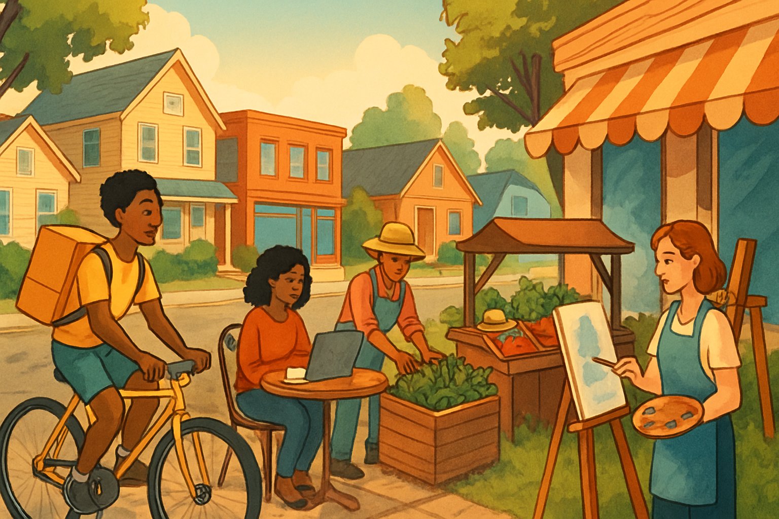 A small town neighborhood with people doing side jobs like delivering packages, working on laptops, gardening, and making crafts.