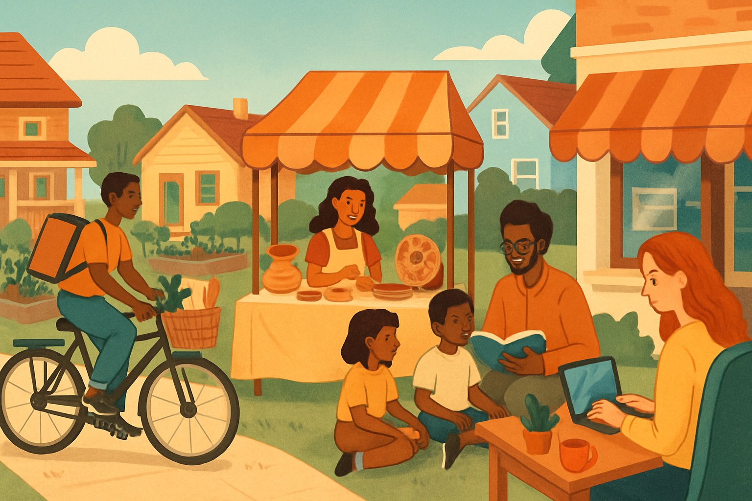 A small-town neighborhood with people working on side hustles like delivering groceries, selling handmade goods, tutoring, and working on laptops outdoors.