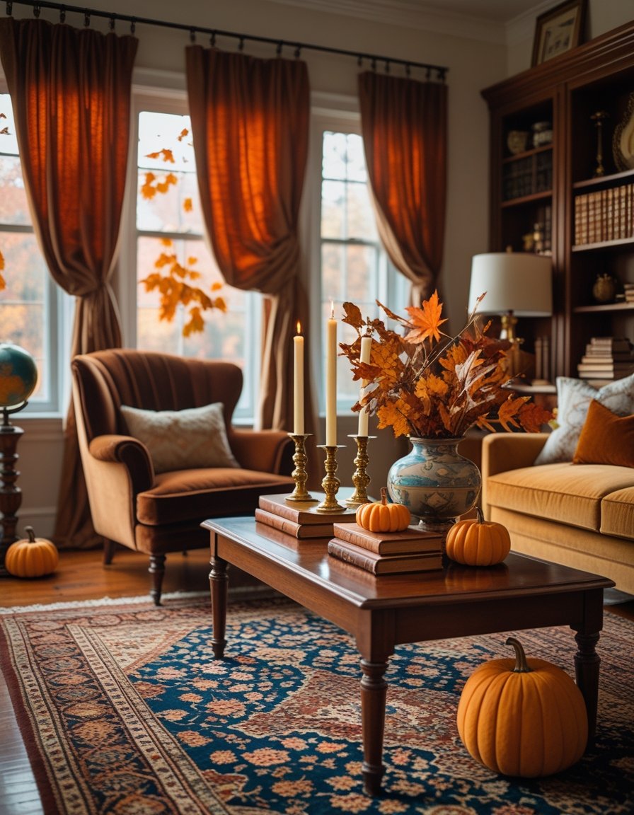 A cozy living room with vintage furniture and autumn decorations including dried leaves, pumpkins, and warm lighting.