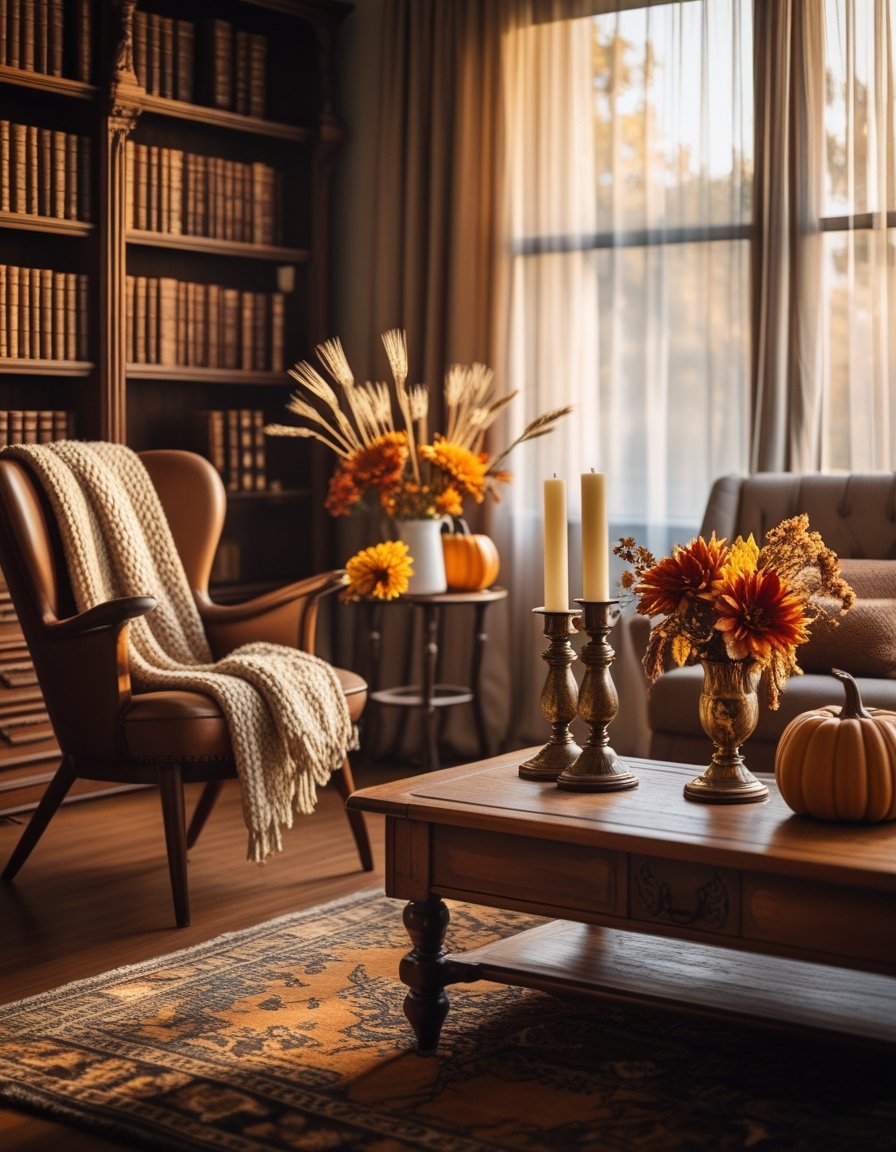 A cozy living room with vintage furniture, autumn flowers, and warm natural light creating a rich and inviting atmosphere.