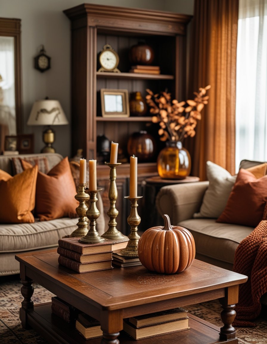 Cozy living room decorated with vintage items and autumn-themed accents including pumpkins, candles, and warm-toned cushions.