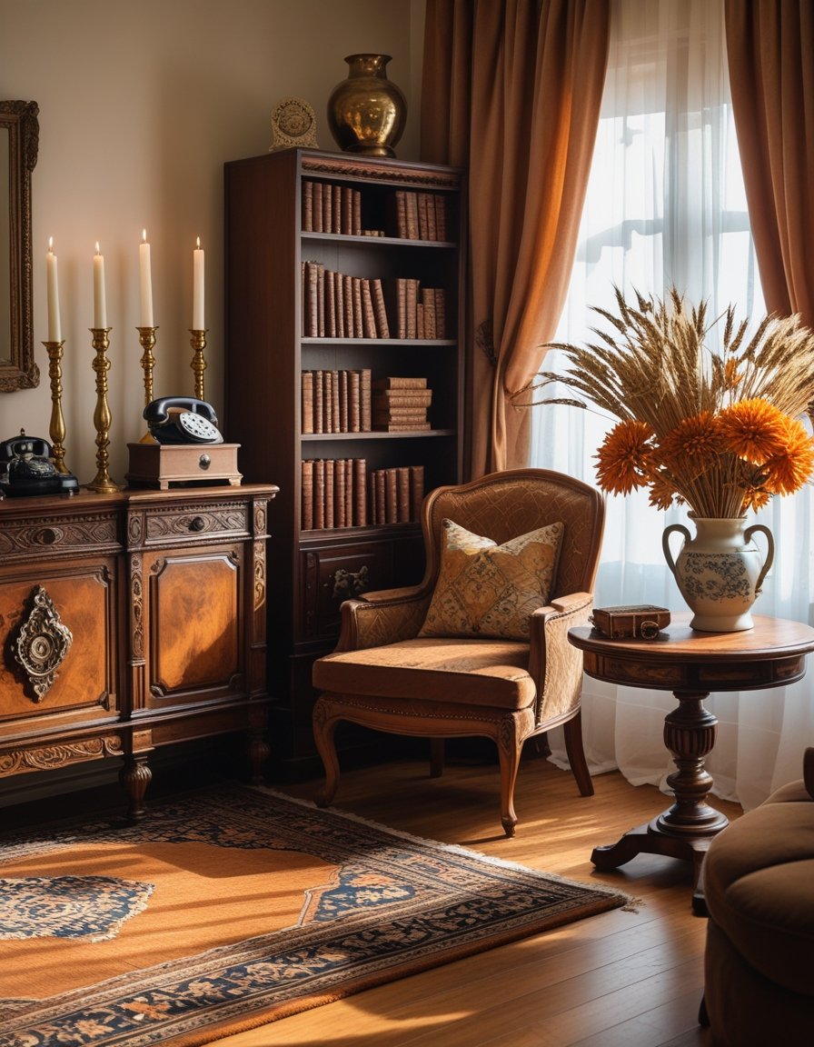 A cozy living room with vintage furniture and decor, featuring an antique sideboard, a velvet armchair, autumn flowers, and warm natural light.