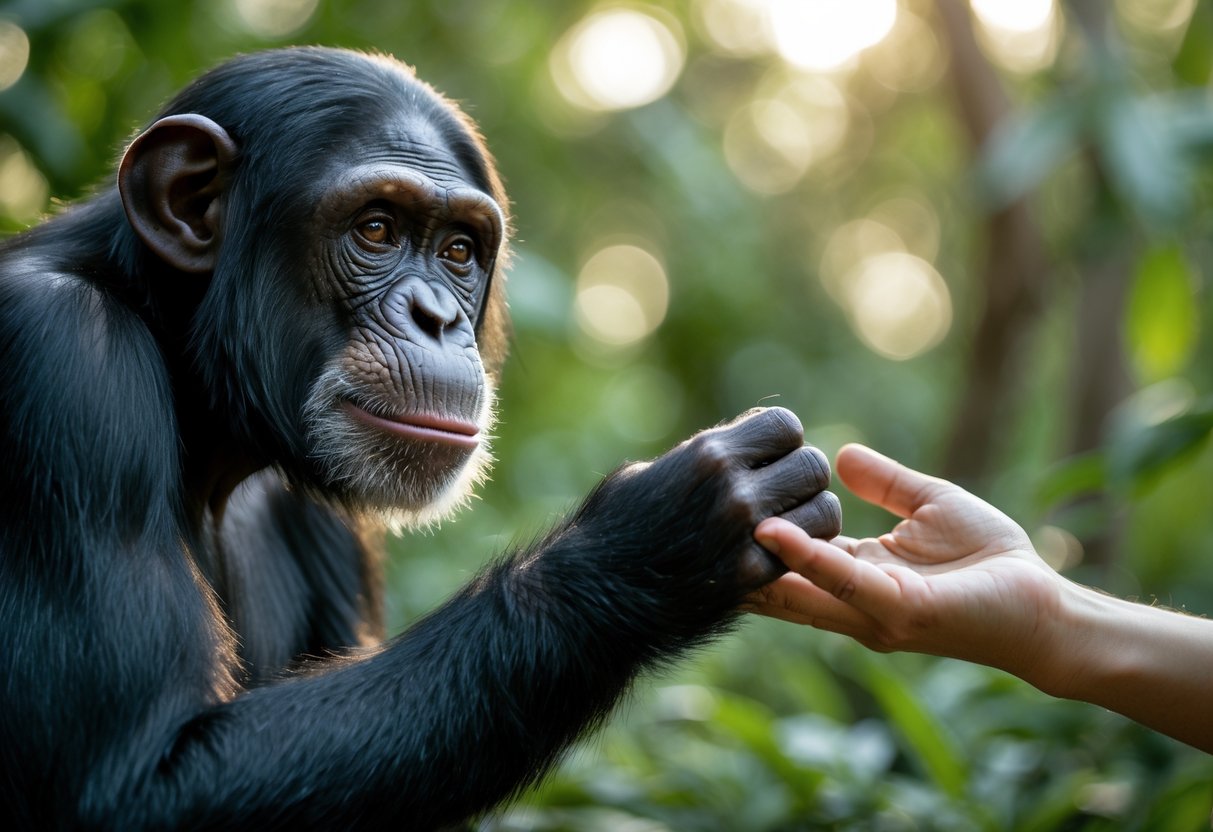 A chimpanzee and a human gently reaching out to each other outdoors with green trees in the background.