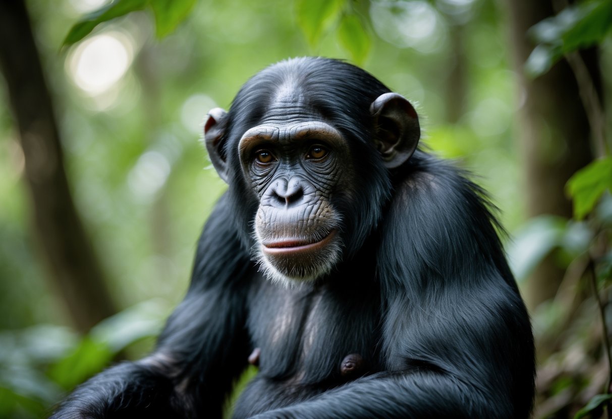 A close-up of a chimpanzee sitting in a forest, looking thoughtfully towards the camera.