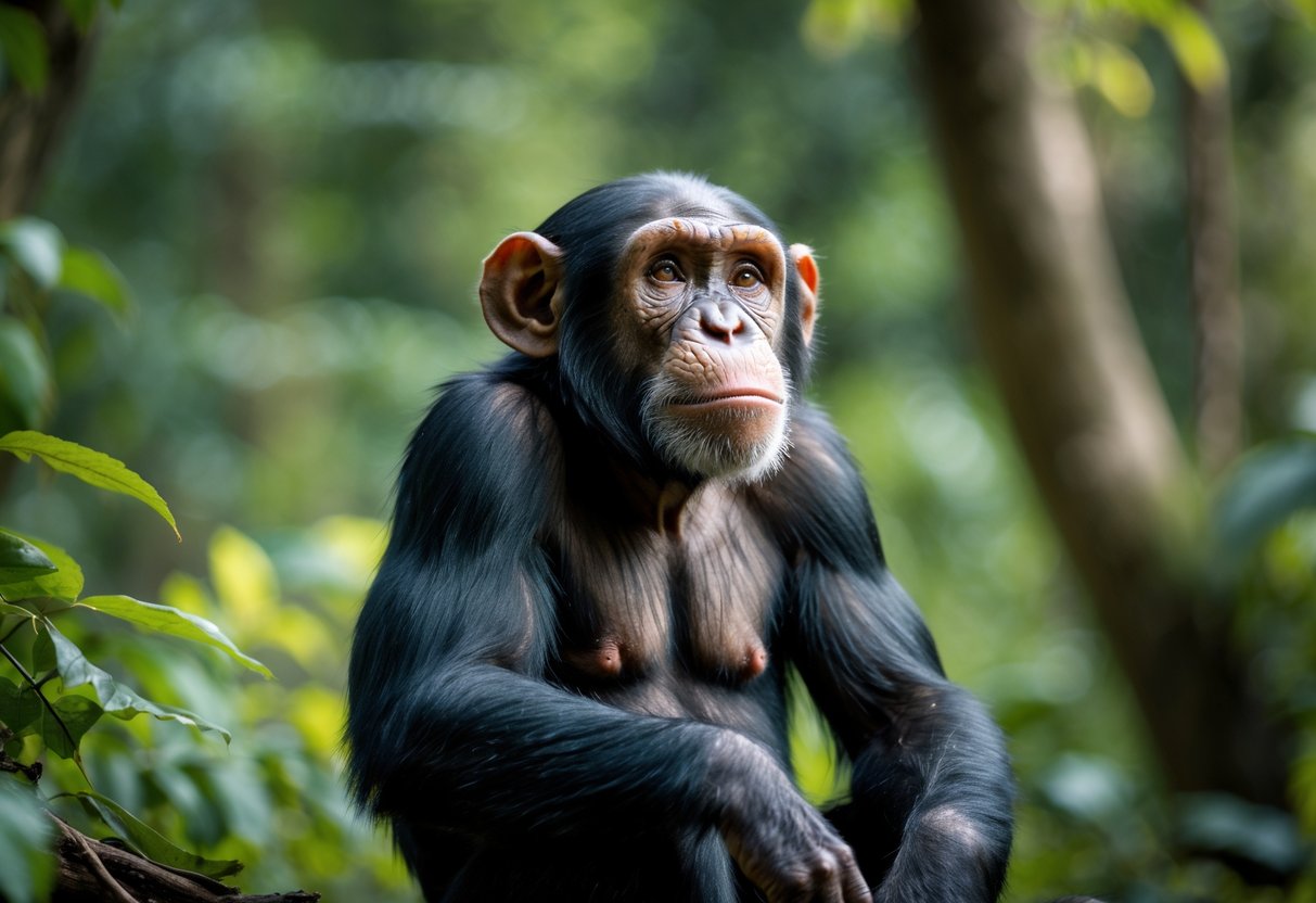A chimpanzee sitting in a forest with a thoughtful expression.