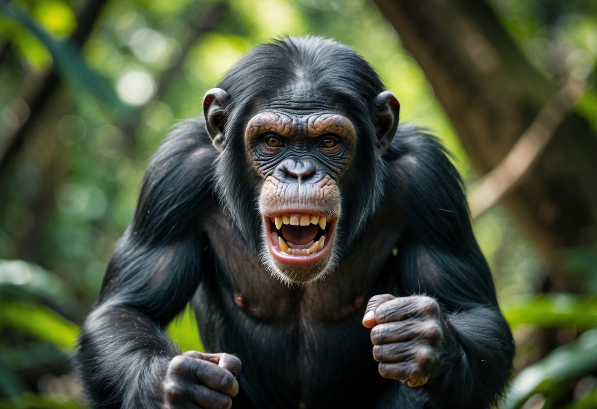 A chimpanzee in a forest showing aggressive facial expression and body posture.