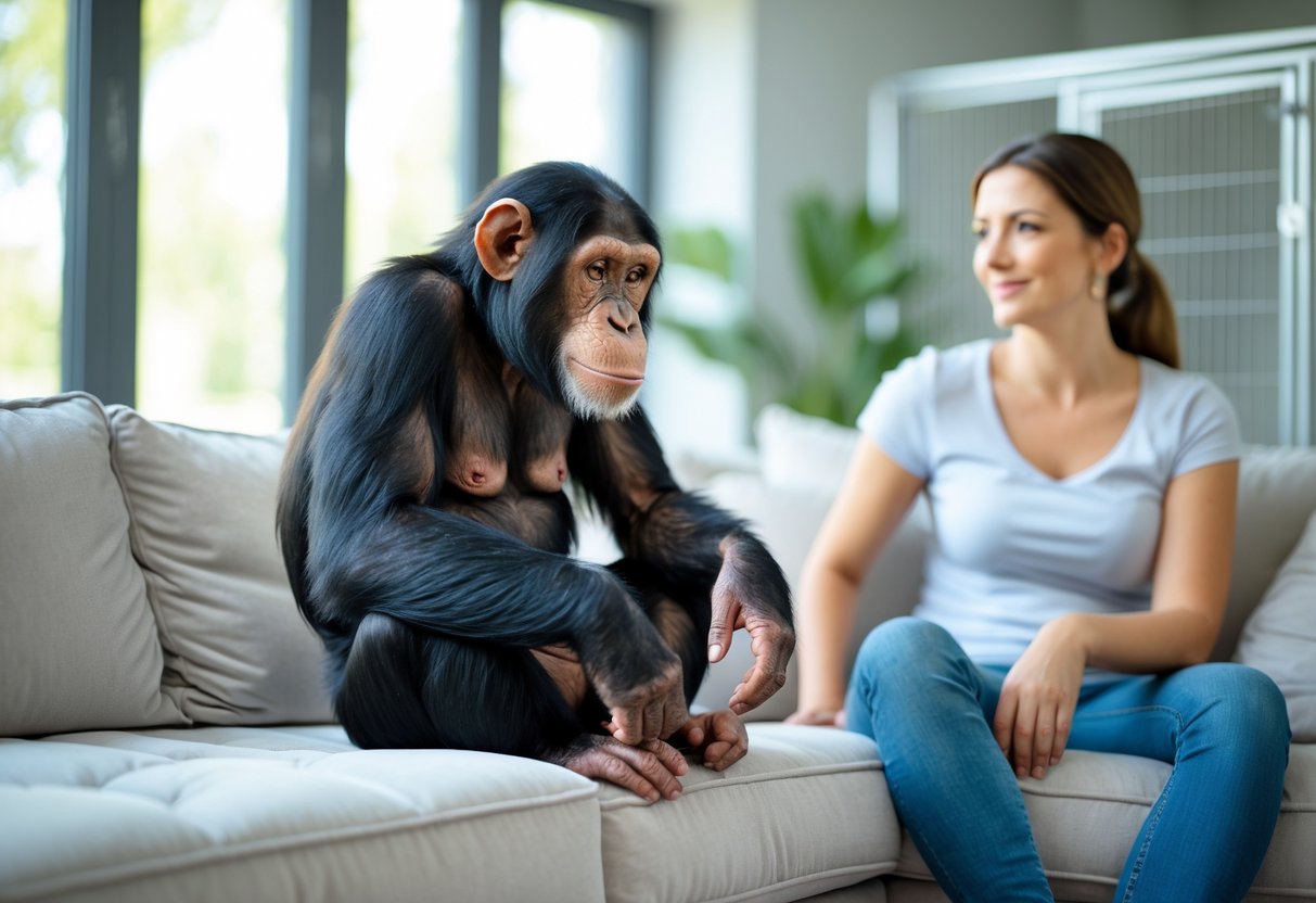 A chimpanzee sitting calmly on a sofa in a bright living room with a person nearby keeping a safe distance.
