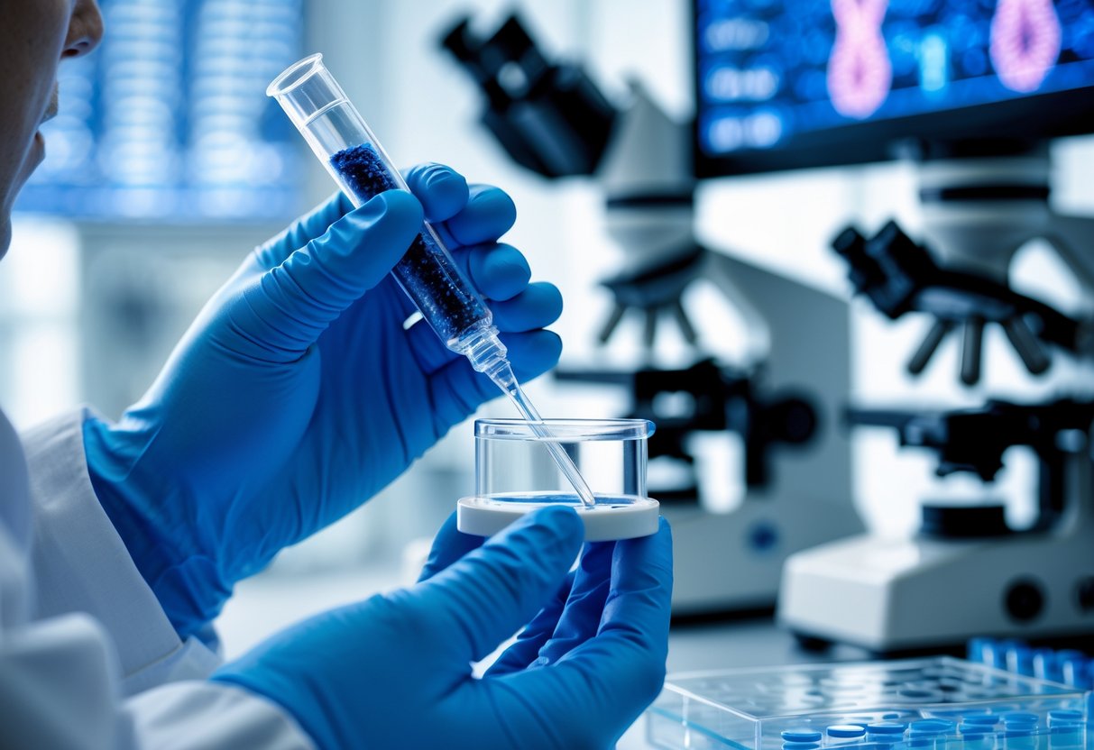 A scientist in a laboratory handling a petri dish with a micropipette surrounded by microscopes and computer screens showing DNA sequences.
