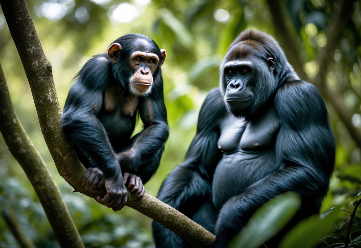 A chimpanzee sitting on a tree branch and a gorilla sitting on the forest floor in a dense jungle.