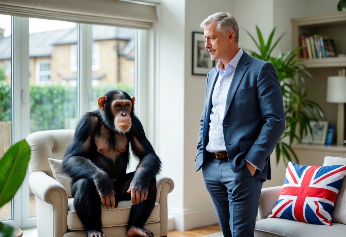 A man standing near a window in a living room with a chimpanzee sitting calmly on a chair nearby.